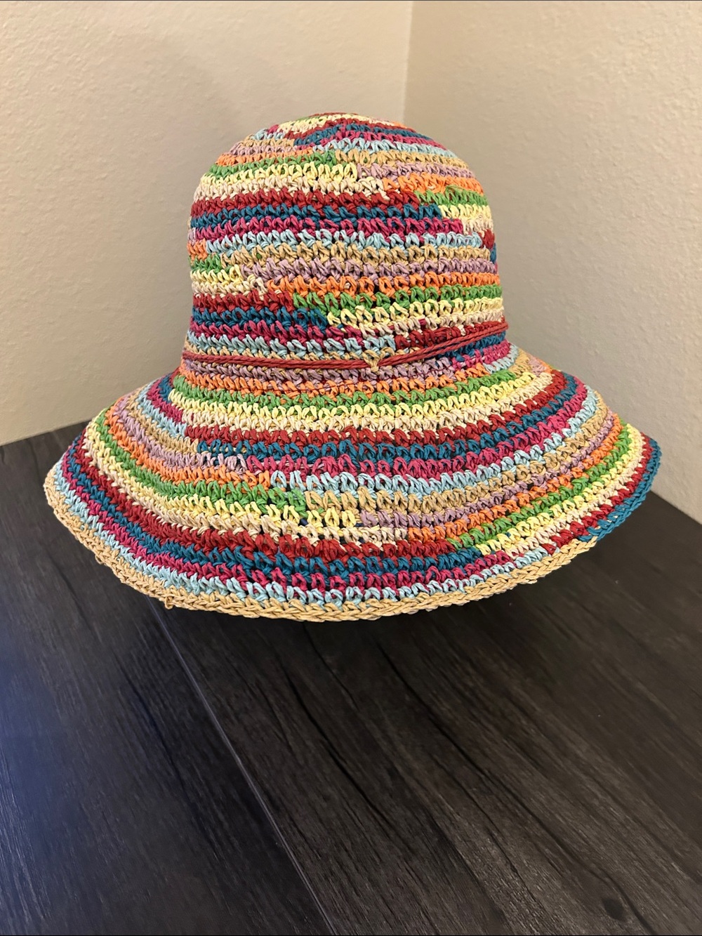 J Hats Crocheted Rainbow Bohemian Straw Bucket Hat One Size